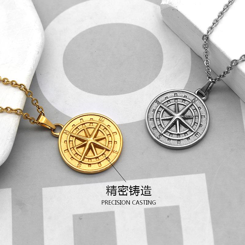 Men's Hip Hop Stainless Steel Compass Pendant Necklace New 18K Gold Coin with Diamond Hiphop Fashion Chain Charm Jewelry