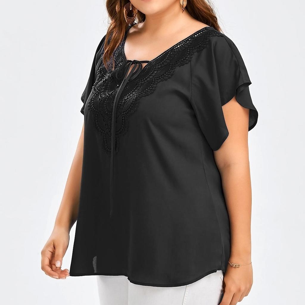 Women Fashion Plus Size Lace T-Shirt Blouse  Short Sleeve Tops