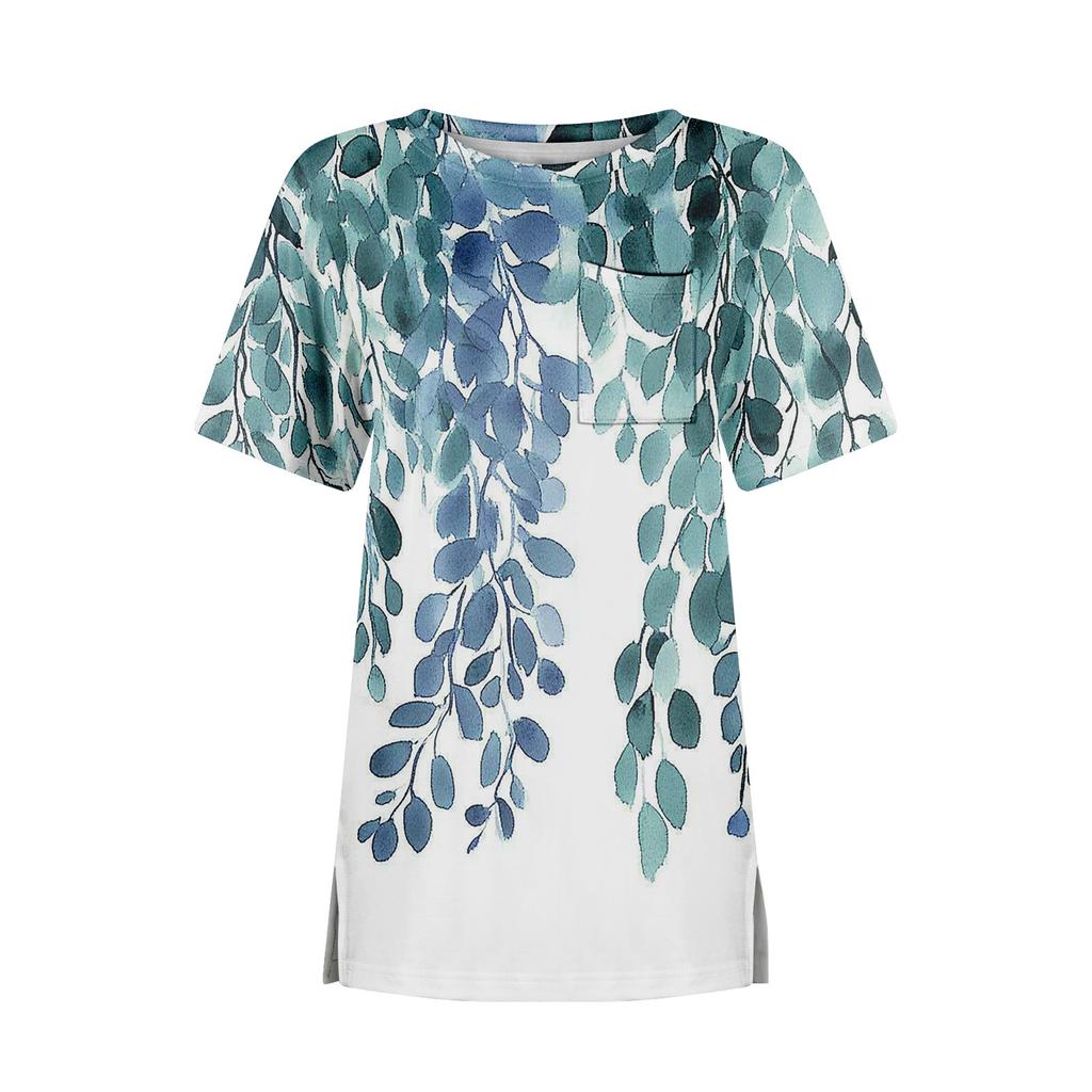 T Shirts For Women Pleated Round Neck Dressy Casual Blouses Printing Short Sleeve Summer Tops Loose Fit