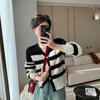 Кардиган-свитер 2023, весенний полосатый вязаный кардиган с v-образным вырезом и корейским уникальным коротким верхом, женственный свитер