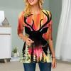 Plus Size Women Flower Deer Head Print Round Neck Casual Loose Long Sleeve Top