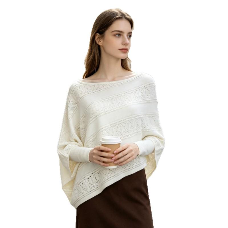 Womens French Style Off-Shoulder Knit Sweater With Hollow Floral Loose Batwing Sleeve Pullover