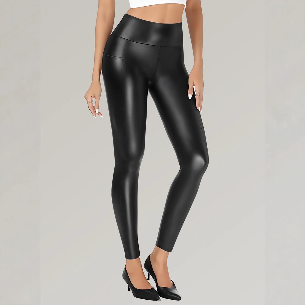 Брюки из ПУ кожи с высокой посадкой, карманами, для йоги, спортивные, фитнеса, бега, леггинсы, ночной клуб