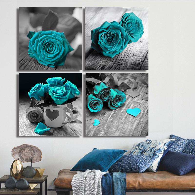 Винтажные бирюзовые настенные художественные розы, печать на холсте, фотографии, романтические постеры о любви для спальни, декора гостиной, Cuadros