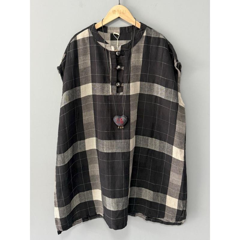Cotton and linen stand-up collar buckle bag shoulder dress women's summer loose large size literary contrasting color plaid shirt skirt dress