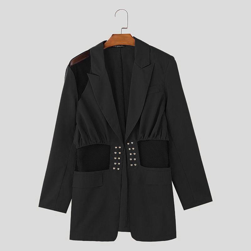Incerun Lapel Long Sleeve Men Mesh Patchwork See Through Casual Thin Blazer Coats