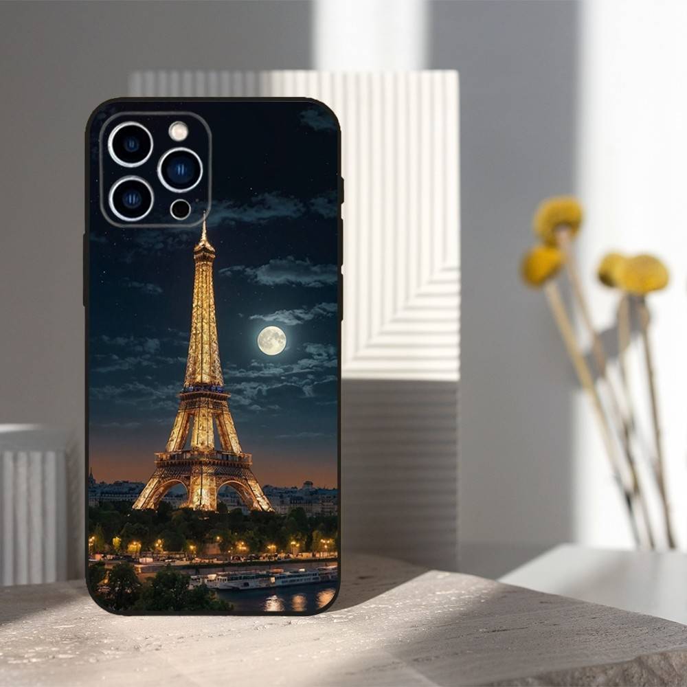 Paris landscape Eiffel Tower For iPhone 12,16,11,14,15,17,13,X,Mini,SE,XS,Plus,Pro Max,8,7,XR,Soft Silicone Black Case
