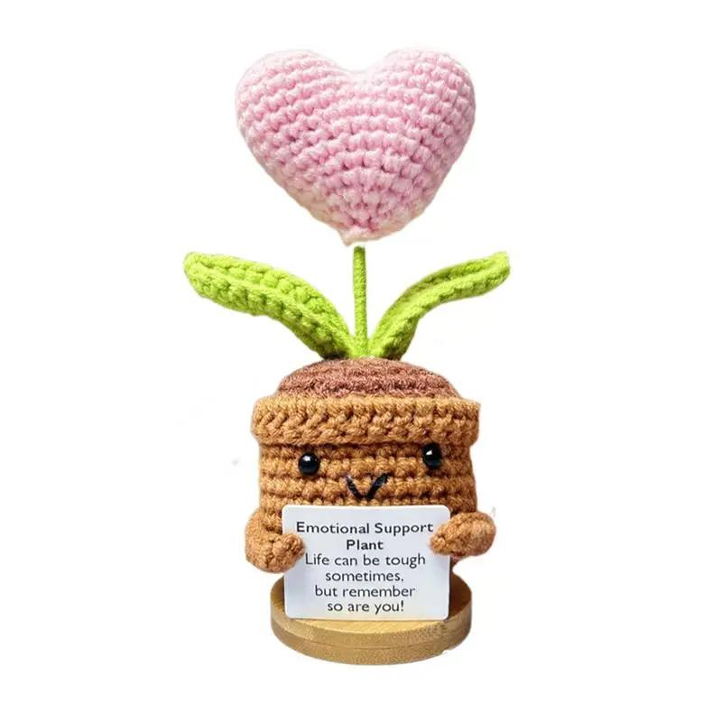 Positive Energy Hug Pocket Heart Flower Potted Plants Handmade Plush Wool Knitting Doll With Card Christmas Gift Home Room Decor