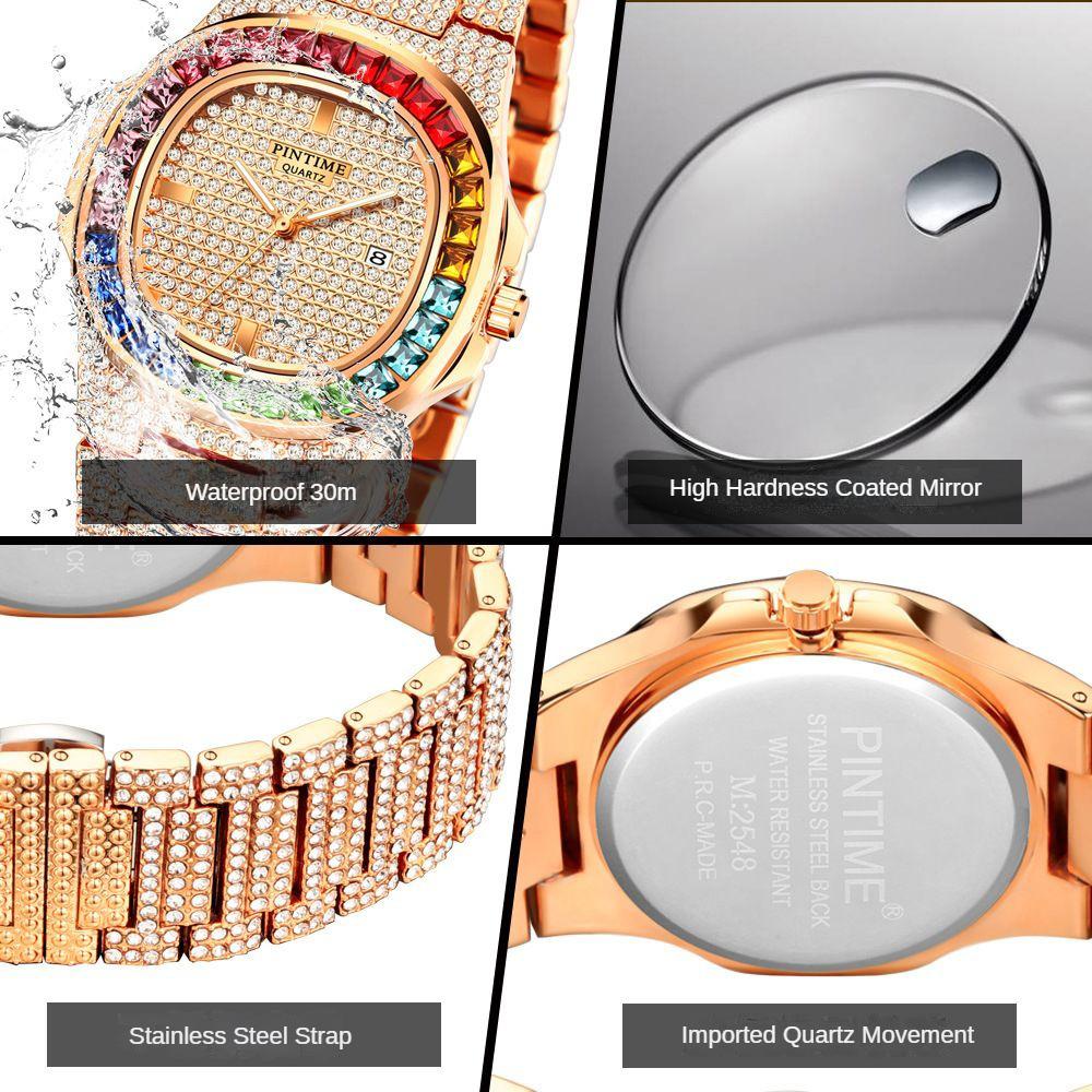 Мужские цветные кварцевые часы с бриллиантами, роскошные золотые серебряные мужские наручные часы с большим циферблатом, спортивные деловые часы Relogio Masculino