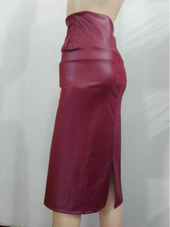 Европейский и американский стиль Сексуальная юбка-миди из искусственной ПУ кожи с завышенной талией и разрезом до колена