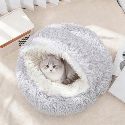 Кровать-гнездо Pet Shell, теплая, успокаивающая пещера для кошек с капюшоном, полузакрытая, с пушистой плюшевой подкладкой, круглая кровать для маленьких и средних питомцев