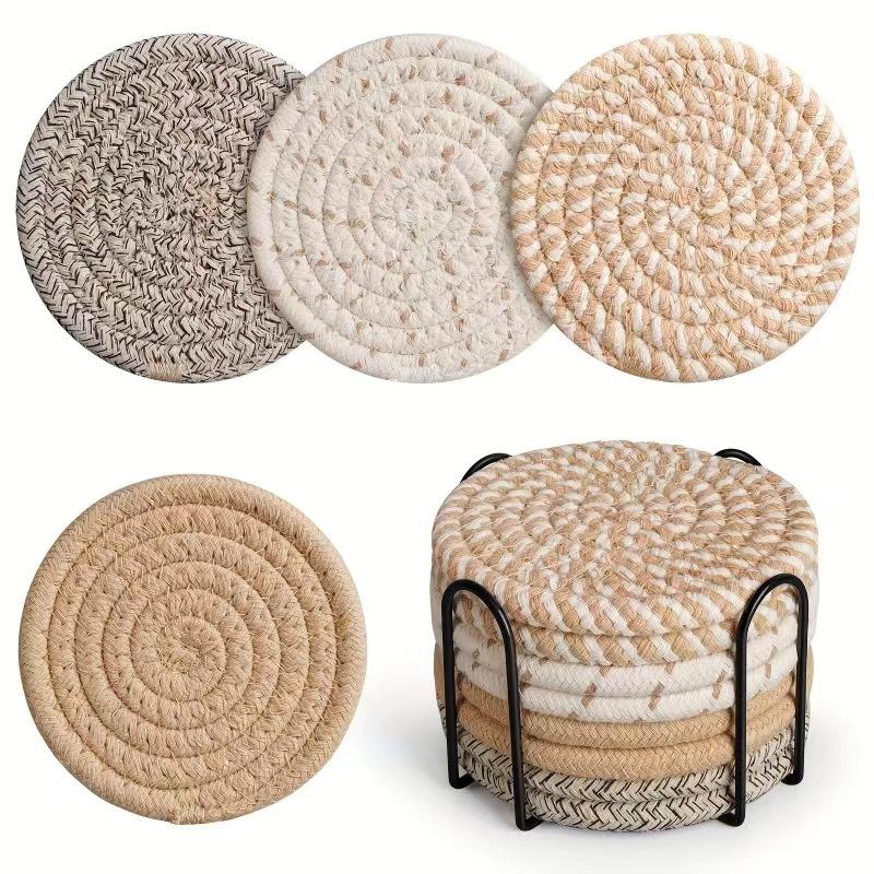 8PCS/Set Cotton Rope Woven Coaster with Holder Table Insulating Mat for Cup Bowl Resistant Coffee Shop Desktop Protection Pad