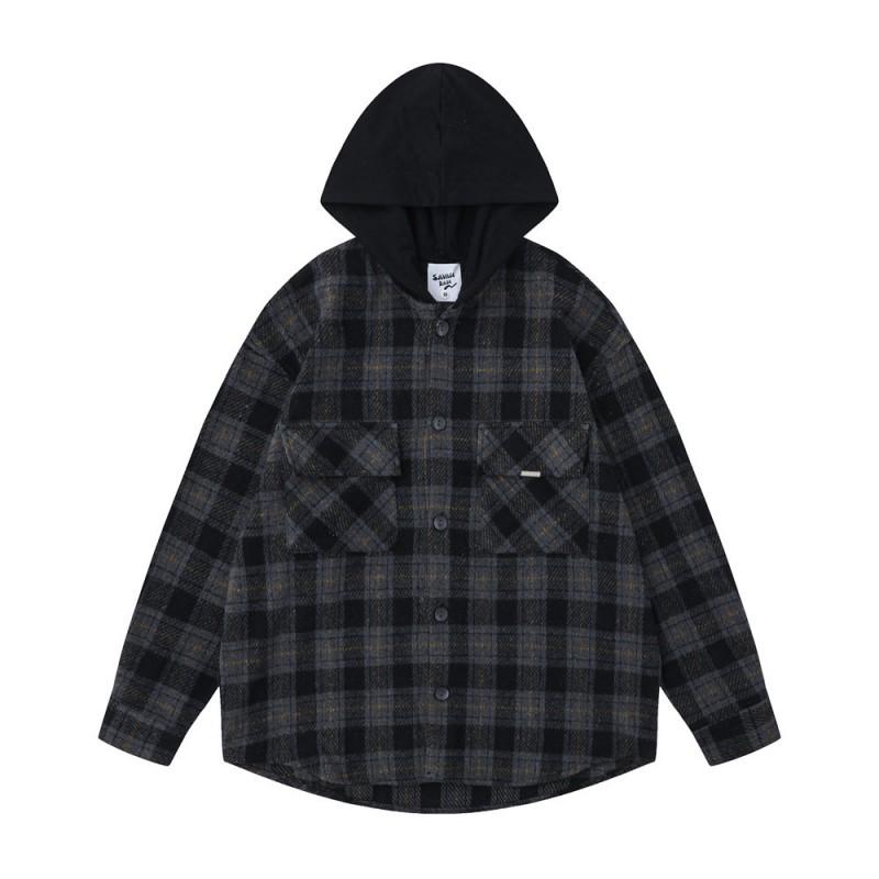 Mens Vintage Loose Fit Plaid Hooded Shirt Casual Long Sleeve Color Block Jacket