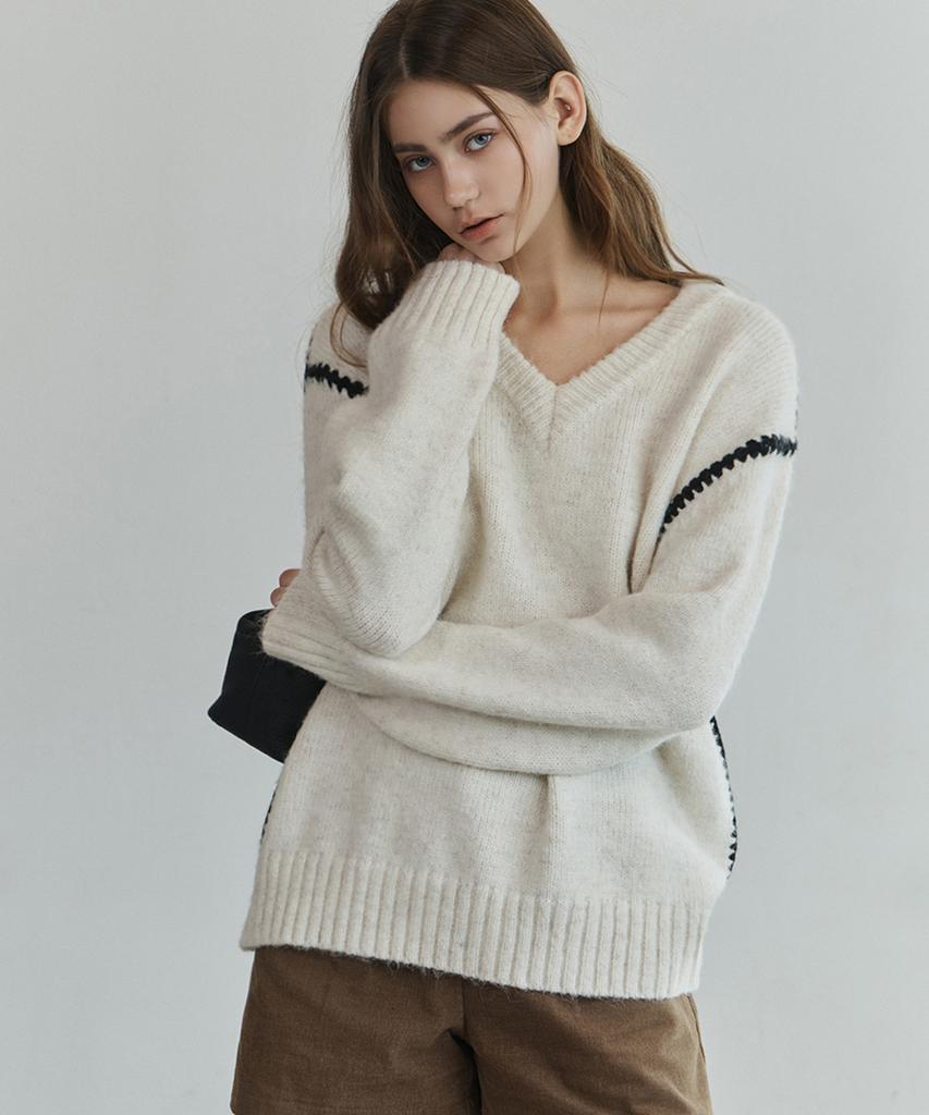 NON AND NON Chunky V Neck Sweater_Nfkn6590 (Ivory)