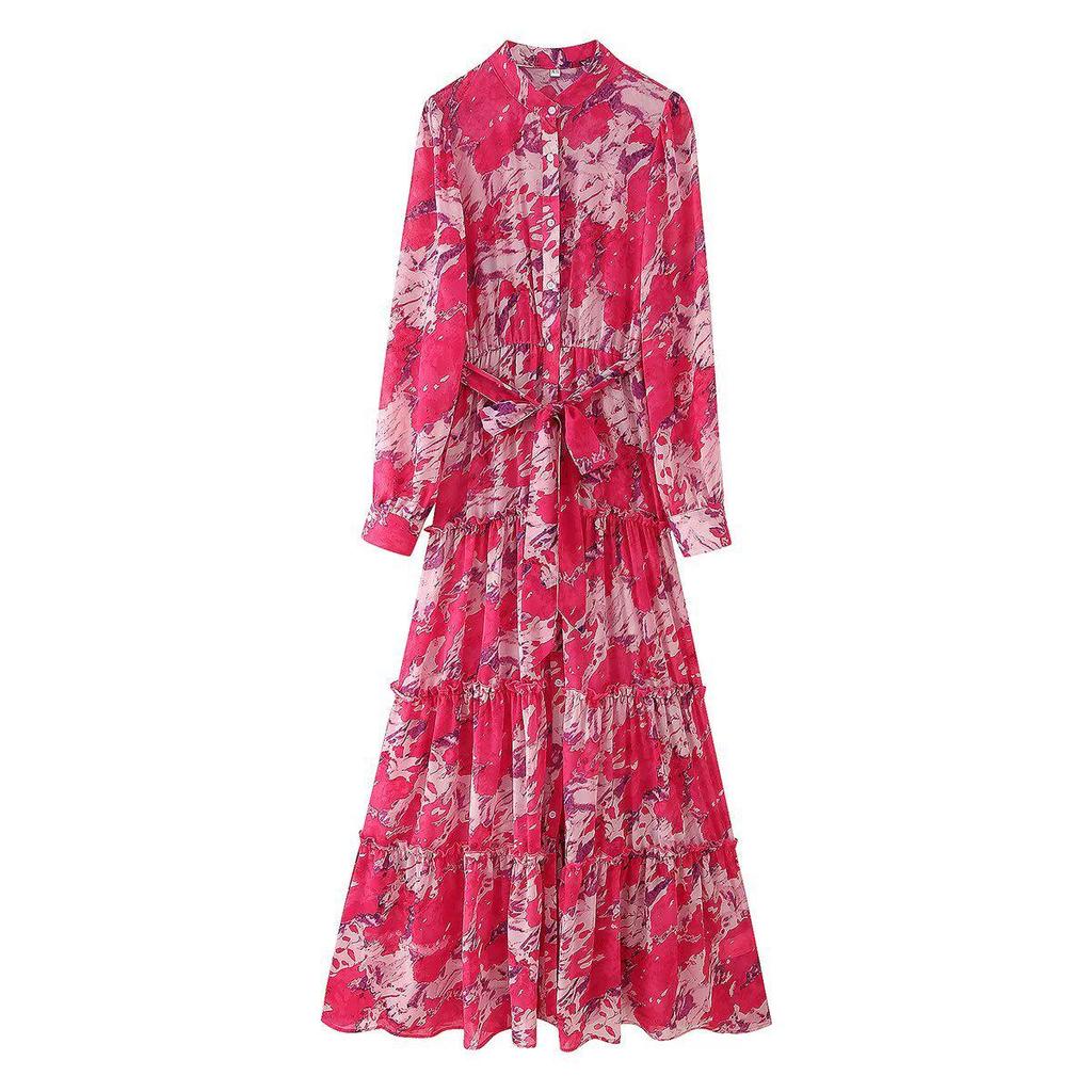 2025 Spring Women's European & American Style Casual Chiffon Belted Layer Dress