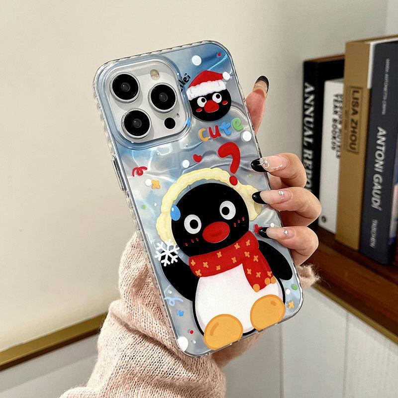 Cute Penguin Water Corrugated Hard Shell Applicable To Apple 16 Mobile Phone Case IPhone 15 Protective Case 14 13 Large Hole Model