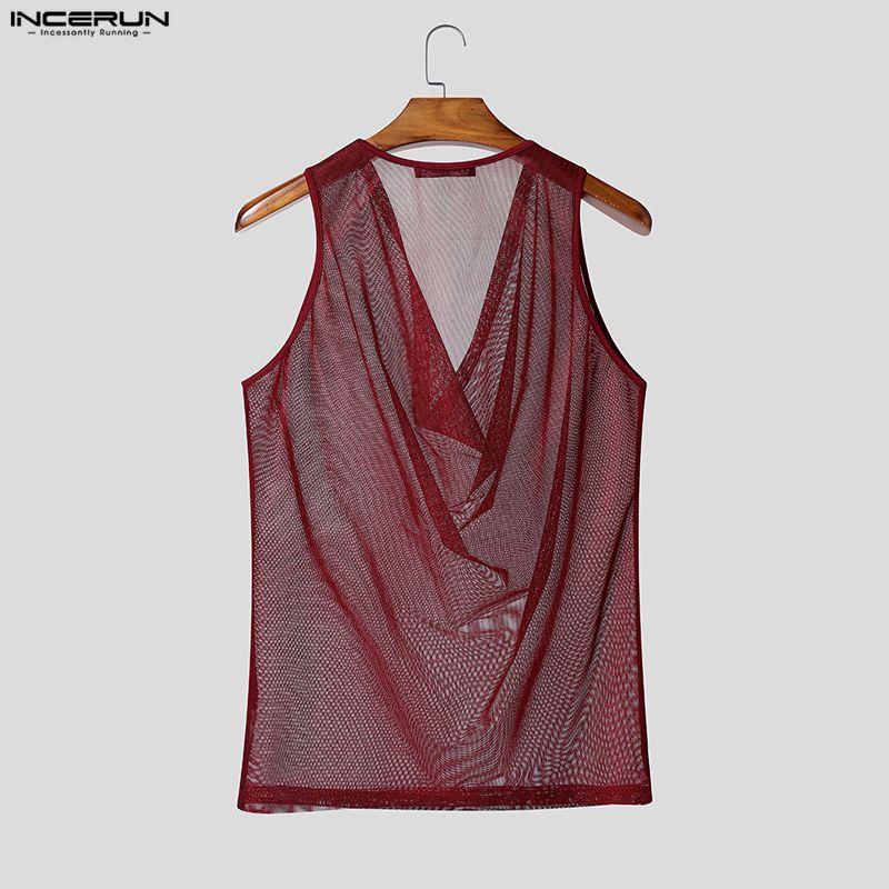 Summer Swing Neck Incerun Men Sleeveless Hollow Out Loose Beach Holiday Tank Tops