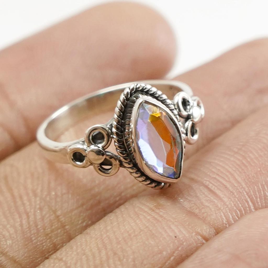 Angel Aura Quartz Ring, Dainty Ring, Handmade Ring, 925 Sterling Silver Ring, Marquise Quartz Ring, Birthday Gift