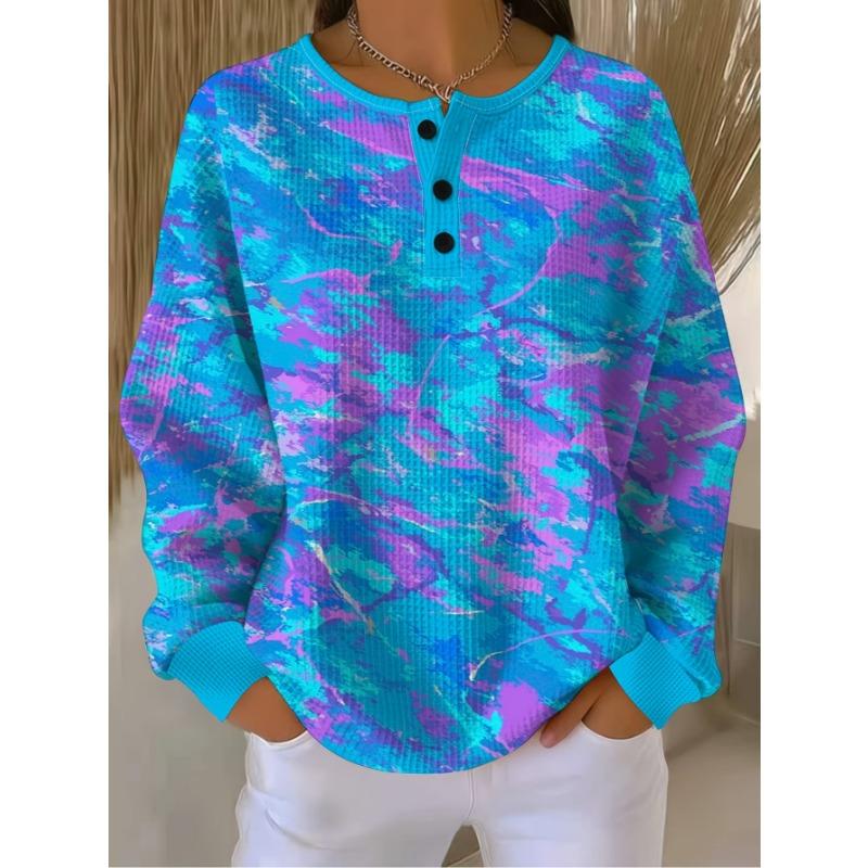 Barcode Women'S 3-Button Henley Collar Waffle Long Sleeve Top, Purple Blue Ombre Print Design