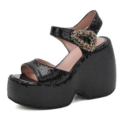 Мода 2025 Блестящие Женские Сандалии Кристалл Липучка Танкетка 12см Платформа Каблук Большой Размер 41 42 43 Свидание Женская Обувь