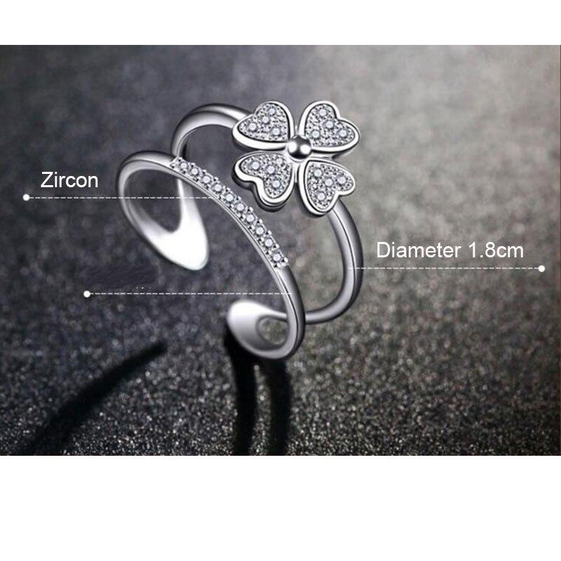 925 Sterling Silver Double Layer Heart Cute Lucky 4 Leaf Clover Opening Rings For Women Jewelry Dropshipping S -R193
