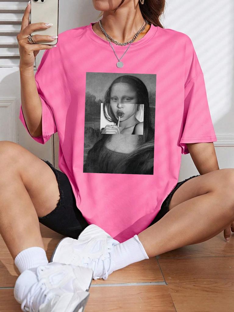 Mona Lisa Drinking Beverages Женская футболка Летняя дышащая повседневная футболка Свободные мягкие топы Хип-хоп модная одежда больших размеров