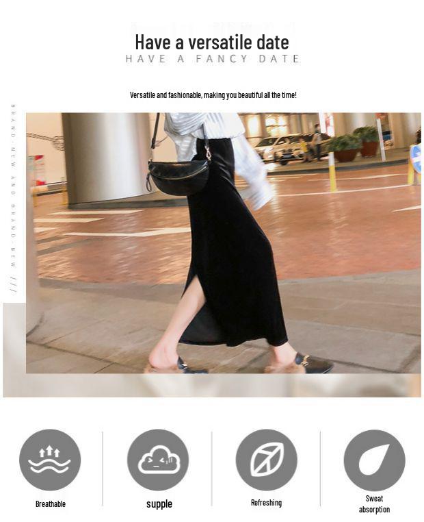 Ретро Осенне-зимняя черная бархатная миди-юбка с высоким поясом и разрезом - Облегающий силуэт