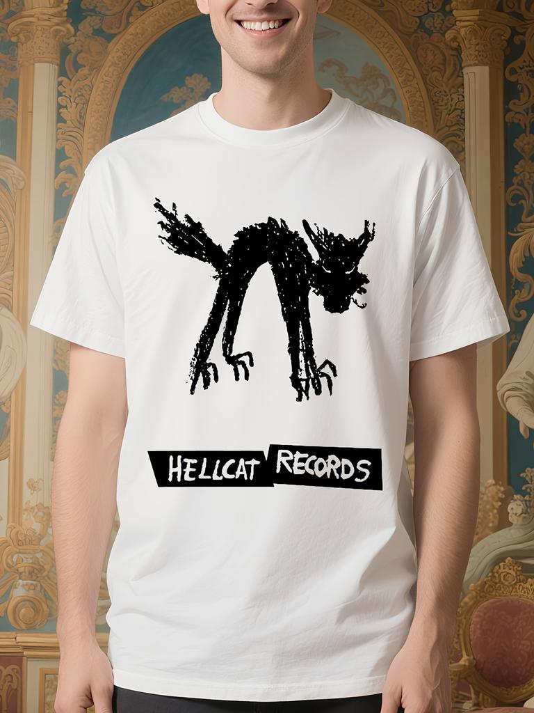 Funny Hellcat Records Graphic Tee - White with Black Print Music Meme T-shirt