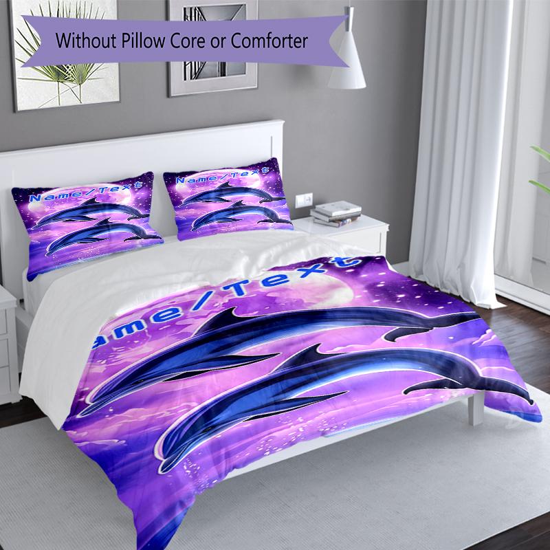 3PC Custom Name Dolphins Moonlight Bedding Set Duvet Cover Closure Includes 1 Duvet Cover & 2 Pillowcases for Bedroom