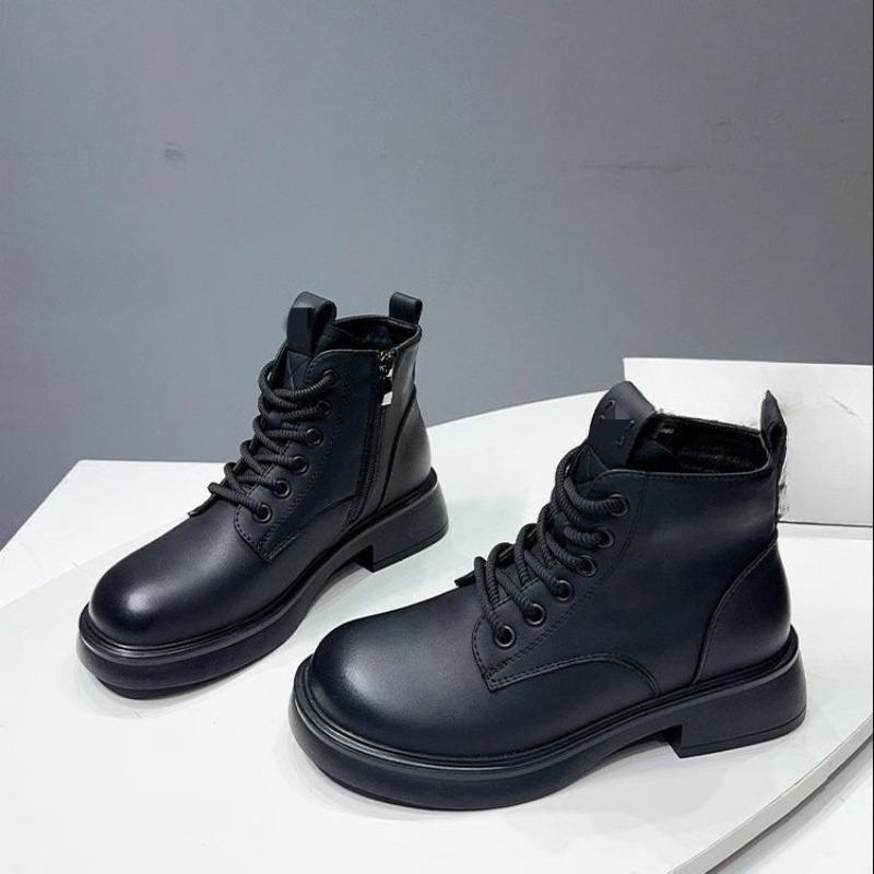 Туфли из мягкой кожи, на толстой подошвеНовые женские одинарные ботинки с флисовой подкладкой, теплые короткие ботинки