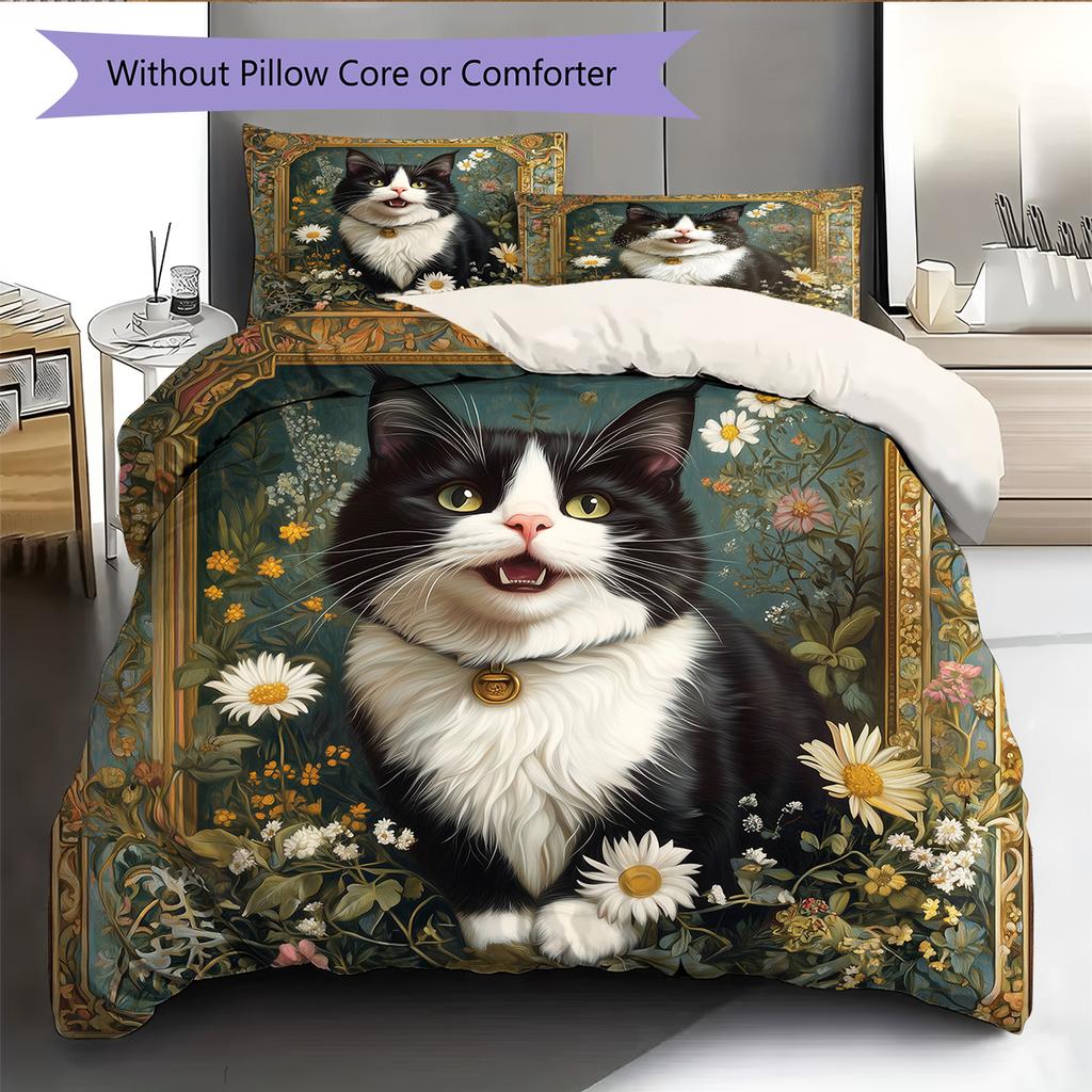 Beautiful Cow Cat Pattern Bedding Home Decoration Birthday Gift (1 * duvet cover + 2 * pillowcase, without core)