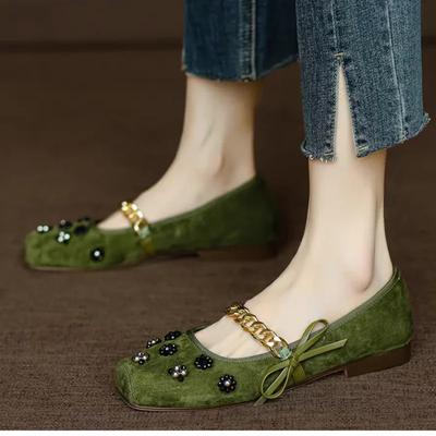 2024 Новые популярные женские туфли с квадратным носком, цветочным декором, цепочкой и бантом, удобные однотонные женские туфли Zapatos