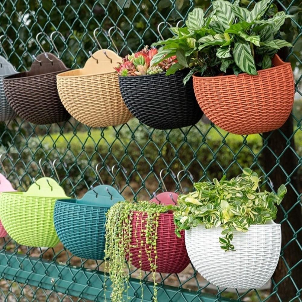 Plastic Rattan Weaving Hanging Flowerpot Half Round Over Fence Planter Wall Flower Pot Flower Shop