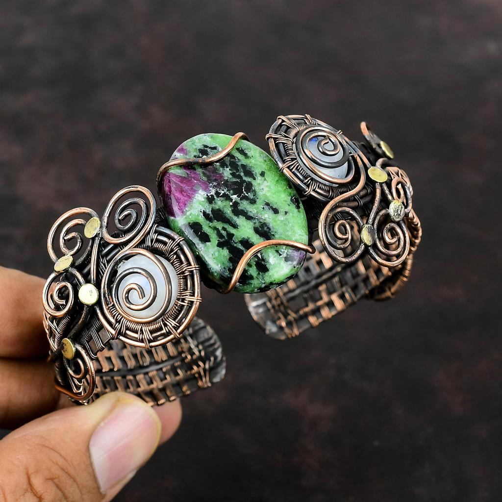 Ruby Zoisite Cuff Bracelet Copper Wire Wrapped Gemstone Cuff Rainbow Moonstone Bangle Handmade Jewelry Adjustable Cuff Bracelet Gift For Mom