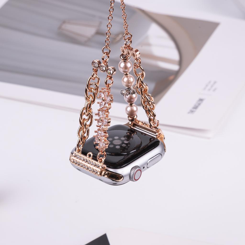 For Apple Watch Series 10 42mm/9 8 7 41mm/SE (2023) SE (2022) SE 6 5 4 40mm/3 2 1 38mm Pearl Flower Stainless Steel Bracelet Watch Strap