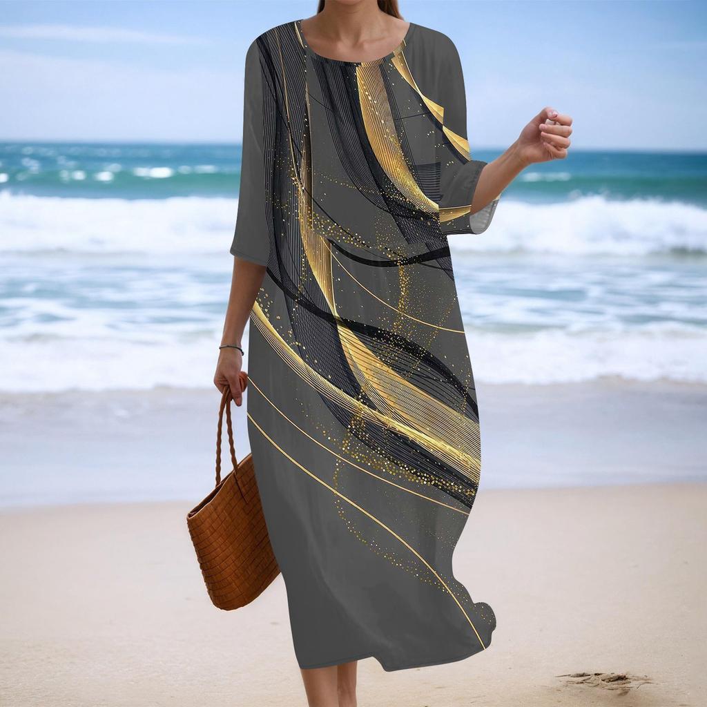 Женское модное платье свободного кроя с принтом, круглым вырезом и рукавом три четверти