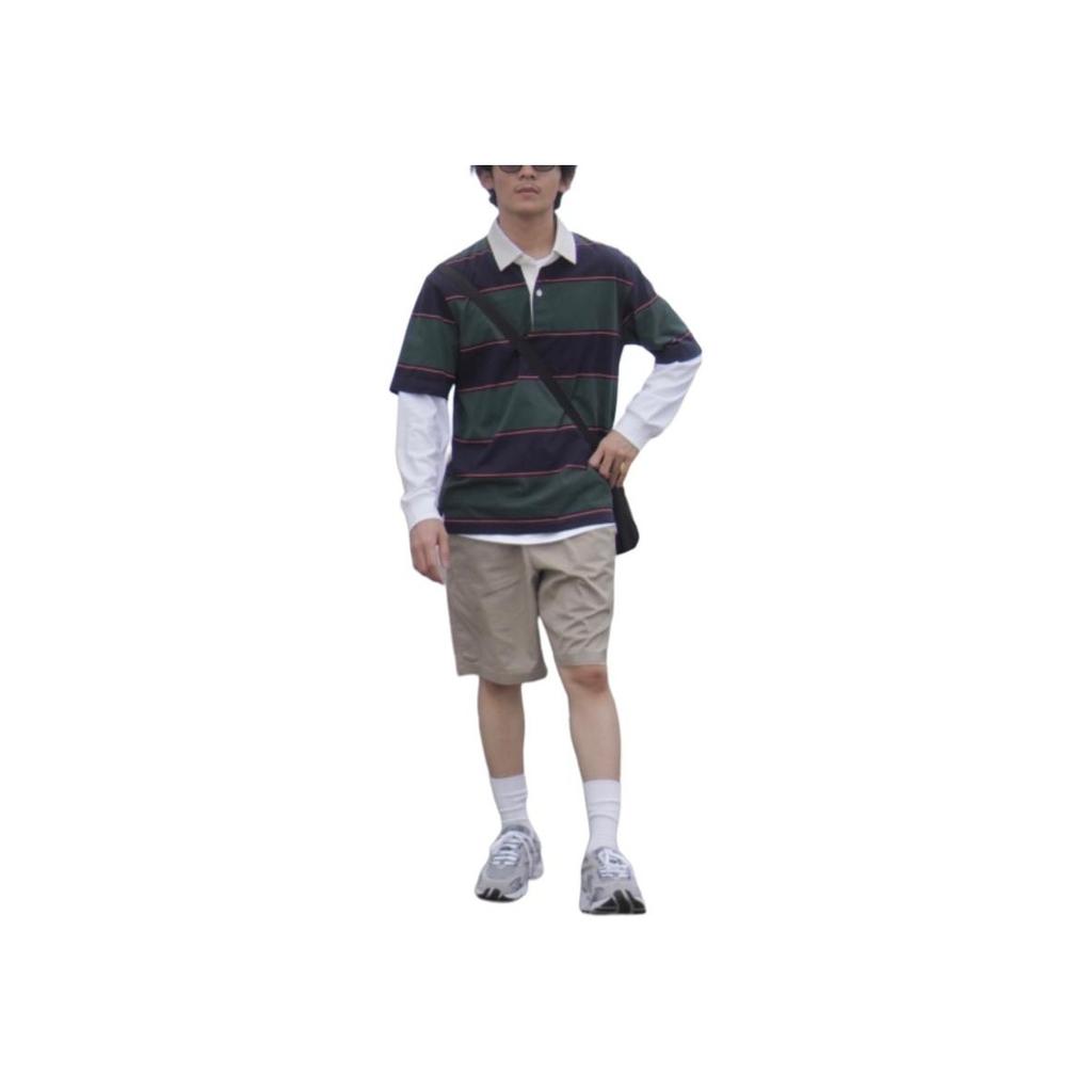 Uniqlo Поло с полосками, свободное, повседневное, с коротким рукавом, унисекс, топ, темно-зеленый 448767-58