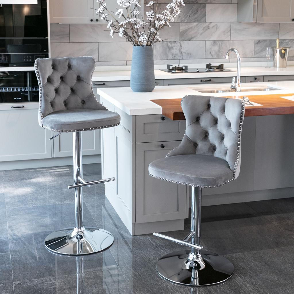 Swivel Velvet Barstools Adjustable Seat Height from 25-33 Inch, Chrome base Bar Stools with Backs Comfortable Tufted, Set of 2,DE1712GY,Gray