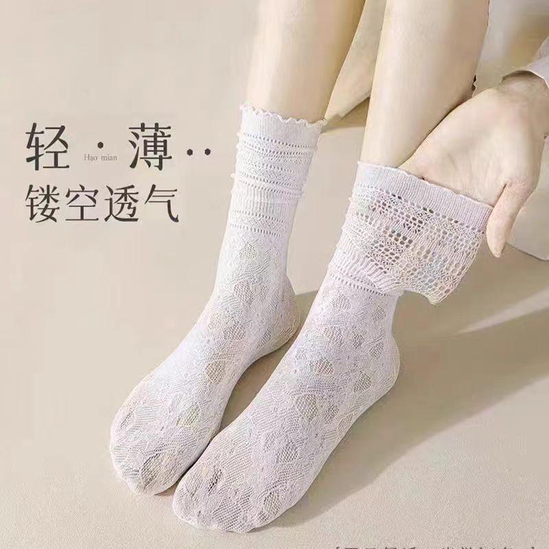 Носки-столбики Летние Легкие С кружевной отделкой Чулки до колена С Маленькими Кожаными Туфлями Черные Ледовые Носки.