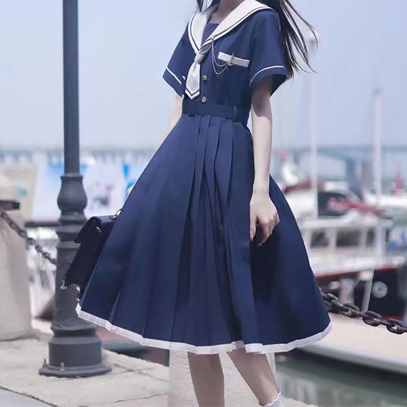 Dress Women JK Girls Japanese Preppy Style Lolita Sailor Suit Dresses Y2k Gothic Kawaii Vintage Short Sleeve Summer Midi Dress