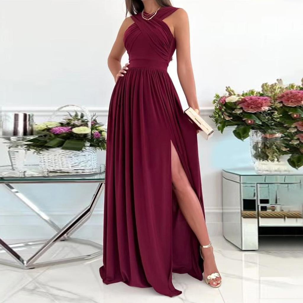 Женское модное повседневное платье макси без рукавов, элегантное длинное платье с разрезом, вечернее платье