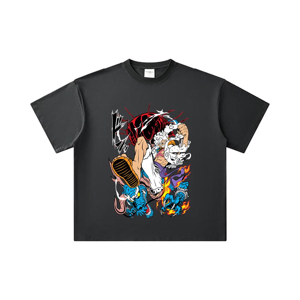 Хлопковая футболка унисекс с принтом V7 Luffy Kaido, плотность 260 г/м², двойная пряжа, 32 нити, 100% хлопок, цельнокроеная, тяжелый хлопок