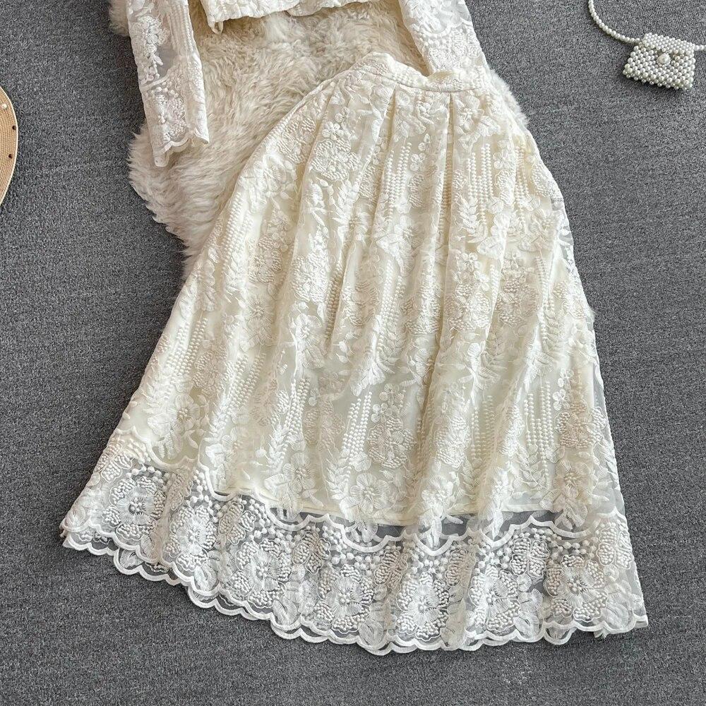 Высококачественные комплекты из двух предметов с цветочной вышивкой, женские костюмы, элегантная рубашка с длинными рукавами, юбки-миди, комплект из 2 предметов, женская одежда