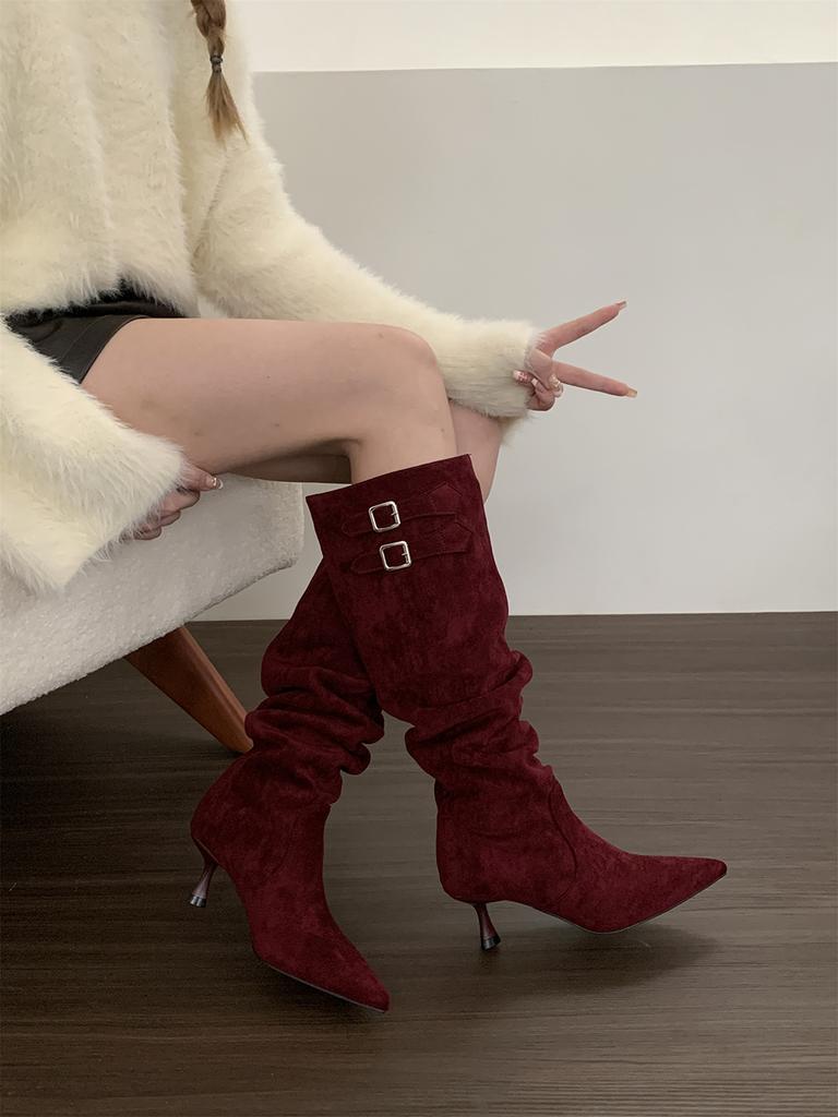 Мода остроносые женские ботинки челси высокие сапоги до колена замшевые зимние туфли-лодочки для вечеринок сапоги на тонком каблуке модные туфли для женщин