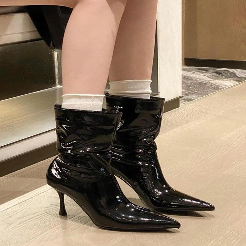 Fashion Pleated Patent Leather Ankle Boots for Women Sexy Pointed Toe Stiletto Heel Ladies Boots Fashion Wine Red High Heels Dress Shoes