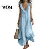 Mid-length Loose Dress Women's Deep V Neck Ruffle Trim Maxi Dress, Sleeveless Fit Flowy Beach Sundress, Summer Casual Tiered A-line Long Women