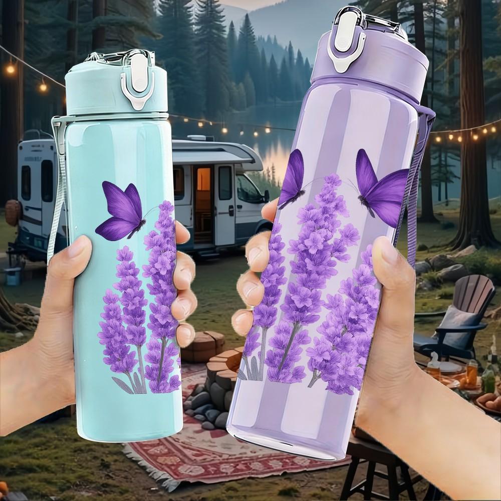 1PC Twin Purple Butterfly Layout 750ml Color Plastic Sports Water Bottle Leakproof Flip Straw Lid For Sports Office Home Use