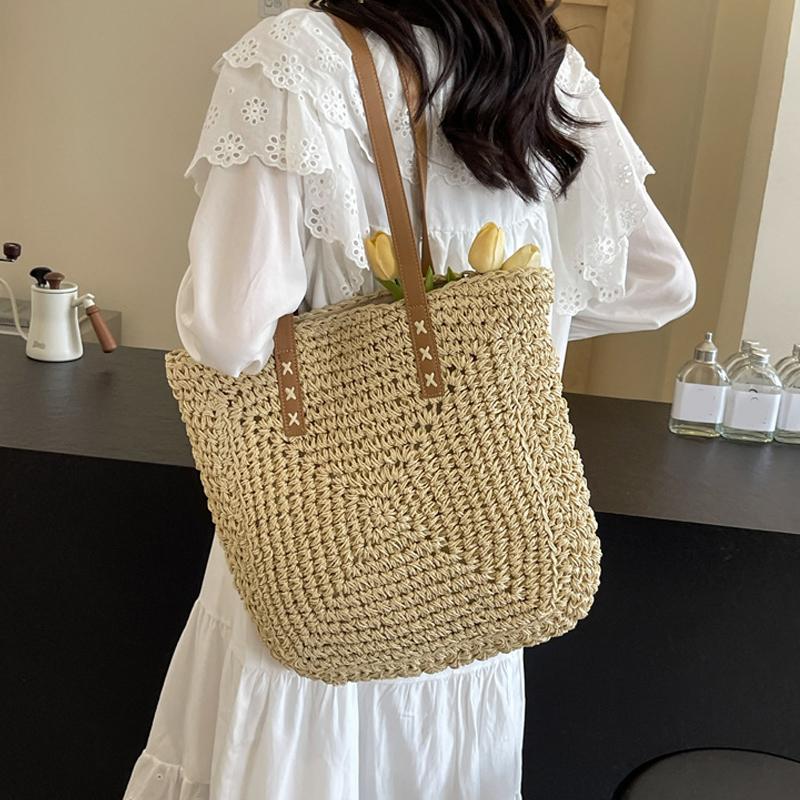 Simple and Large-capacity Straw Woven Bag Fashion Summer Beach Women's Shoulder Bag Trendy Zipper Handbags for Girls