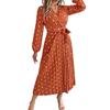 Women's Long Sleeve Dress V-Neck Polka Dot Dress with Tie Waist Long Pleated