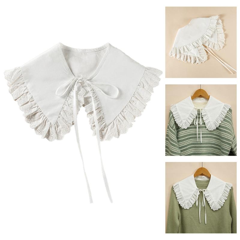 Royal Style Cotton Fake Collar Shawl Wrap Hollow Out Floral Lace Ruffled Trim Necklace Pointed Lapel Blouse Dropshipping